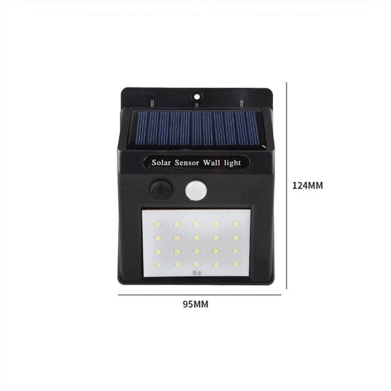 Zwarte zonne-wandlamp met zonnepaneel, bewegingssensor en 30 LED-lampen. Afmetingen 124x95MM.