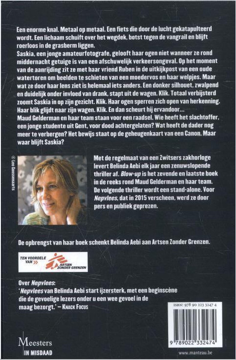 Achterkant van boek 'Blow-Up' door Belinda Aebi, met een foto van de auteur en tekst over het verhaal.