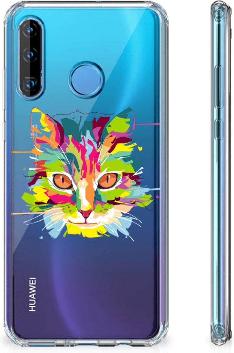 Huawei P30 Lite Stevig Bumper Hoesje Cat Color