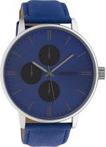 OOZOO Timepieces - Zilverkleurige horloge met blauwe leren band - C10310