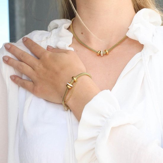 Stalen goldplated ketting&armband 3ringen kristal