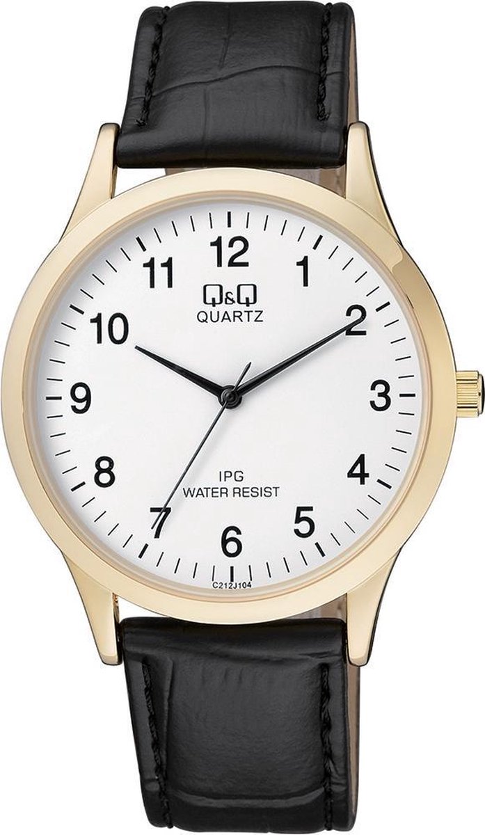 QQ C212J104Y - Horloge - Analoog - Heren - Mannen - Leren band - Rond - Staal - Cijfers - Zwart - Goudkleurig - Wit - 3 ATM