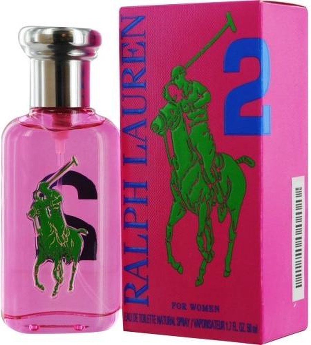Roze Ralph Lauren Big Pony fles met groen polospelerslogo.