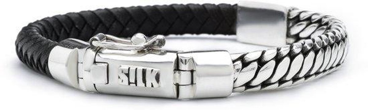 SILK Jewellery - Zilveren Armband - Bold - 854BLK.23 - zwart leer - Maat 23