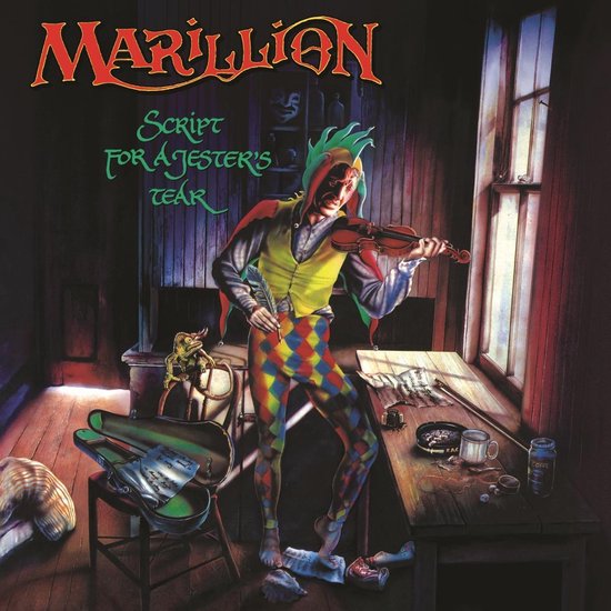 Couverture d'album avec un bouffon jouant du violon. Le titre "Script For A Jester's Tear" est en haut.