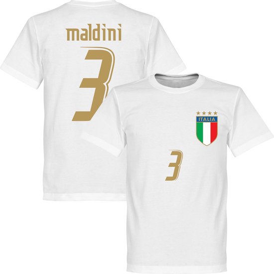 Wit t-shirt met Italië-logo op de borst, goudkleurig cijfer '3' op de voorkant en 'maldini' met cijfer '3' op de achterkant.