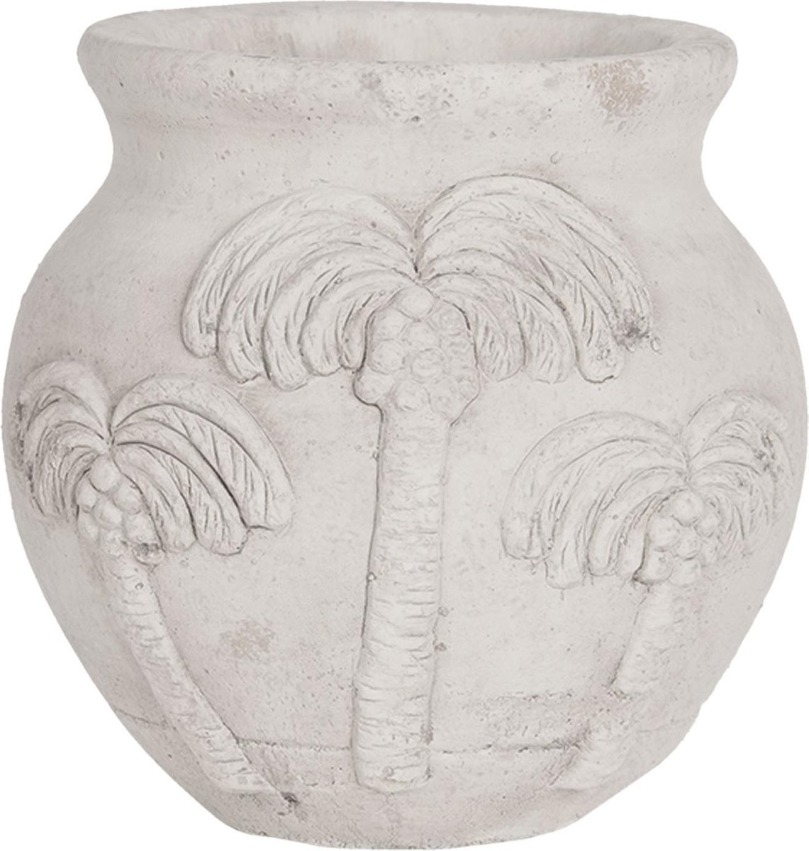 Clayre & Eef Bloempot Ø 15x14 cm Wit Steen Rond Palmbomen Bloempot binnen