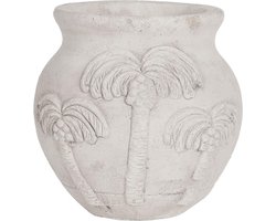Clayre & Eef Bloempot Ø 15x14 cm Wit Steen Rond Palmbomen Bloempot binnen