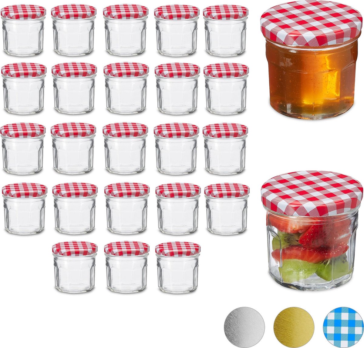 gouveo Set van 24 Jampotten 500g Honing met gouden plastic deksels - Lege voorraadpotten met schroefdoppen voor honing, jam (HGPP500G