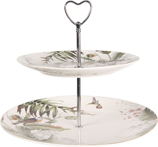 Clayre & Eef Etagère 2 laags 26x24 cm Wit Groen Porselein Vogels