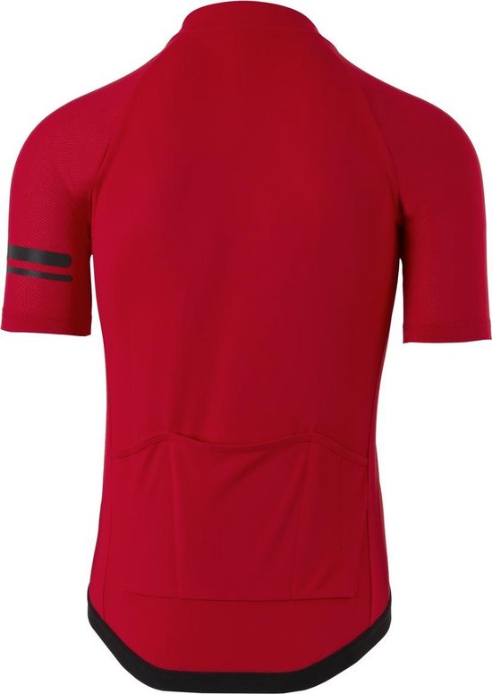 Achterkant rood fietsshirt met AGU logo, zwarte strepen op mouw en zakken.