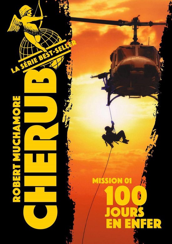 Cherub, Mission 1 : 100 jours en enfer. Un hélicoptère avec un soldat suspendu à une corde, sur fond de coucher de soleil.