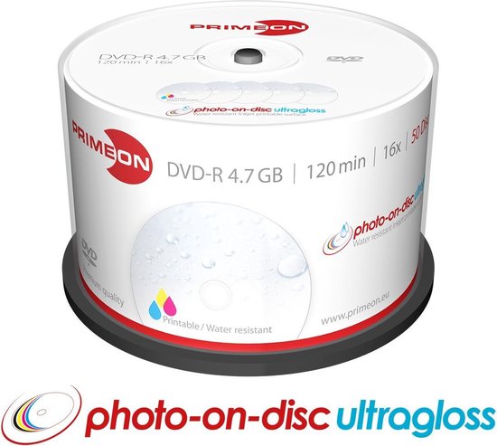 Primeon 2761207 DVD-R disc 4.7 GB 50 stuk(s) Spindel Bedrukbaar, Hoogglans opppervlak, Watervast, Onuitwisbaar