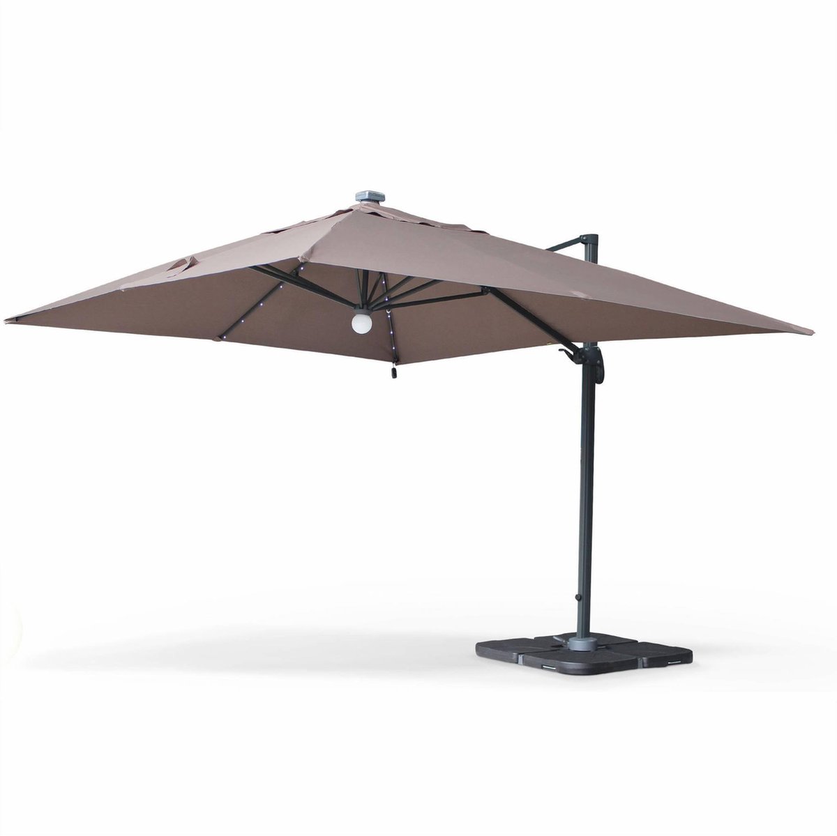 Sweeek Zweefparasol LED verlichting 3x4m - Taupe zweefparasol met ingebouwde LED-verlichting en afmetingen 3x4 meter.