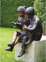 Tuinbeeld - bronzen beeld - 2 lezende kinderen - 80 cm hoog