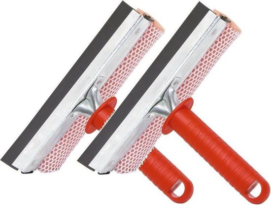 Set van 2 raamwissers / raamtrekkers met rood plastic handvat 19 cm - Raamtrekkers / ramenlapper - Spons en trekker - Auto/huis schoonmaak accessoire