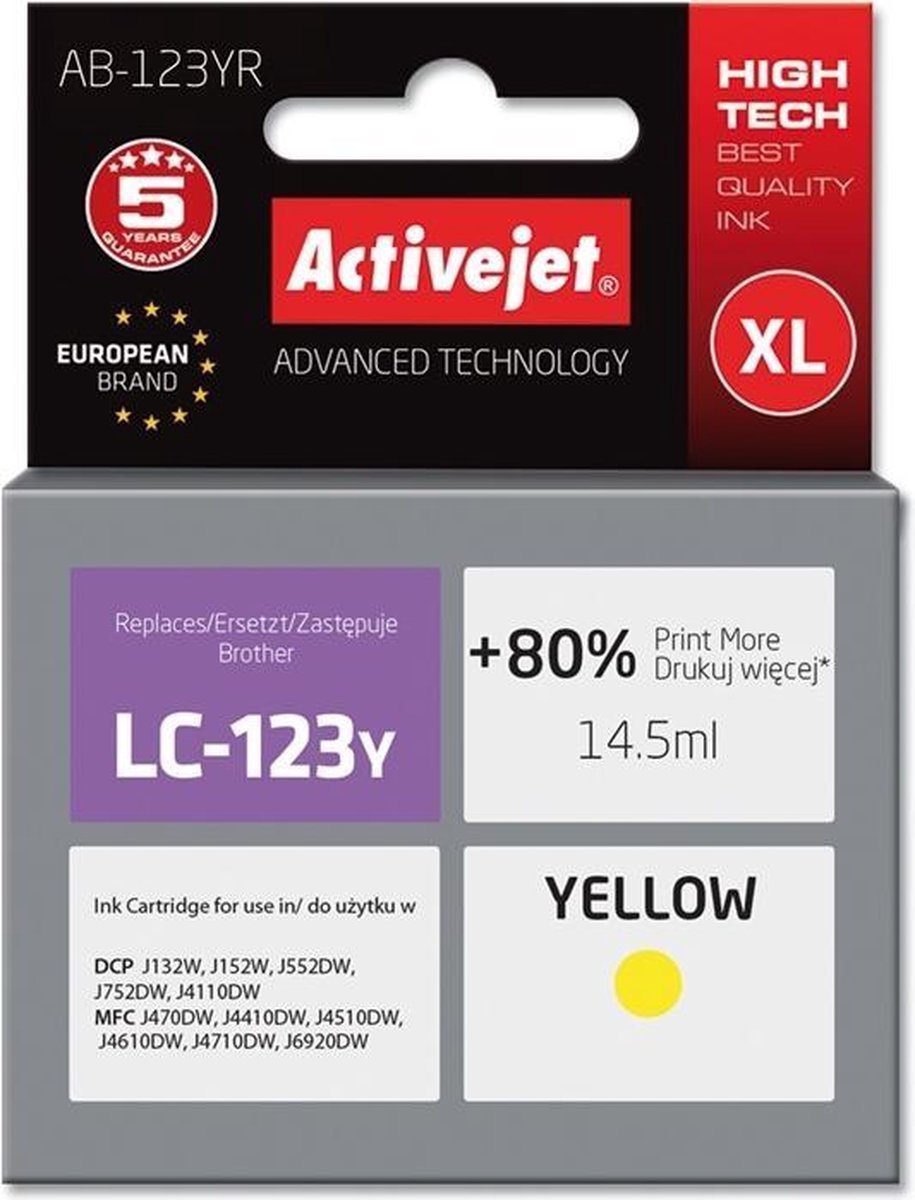 ActiveJet AB-123YR INK voor brother printer; Brother LC123Y / LC121Y-vervanging; Premie; 14,5 ml; geel.