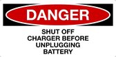 Sticker 'Danger: Shut off charger before unplugging battery' 150 x 75 mm