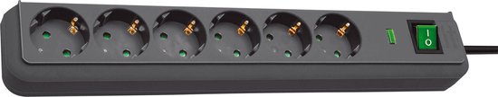 Eco-Line 13.500A stekkerdoos met overspanningsbeveiliging 6-voudig antraciet 1,5m H05VV-F 3G1,5