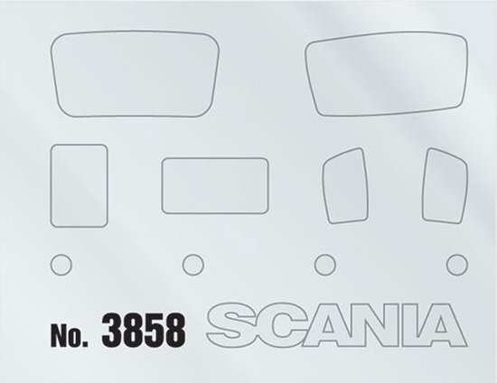 Grijze schetsen van Scania R620 onderdelen en het nummer 3858.