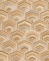 Etnisch behang Profhome DE120043-DI vliesbehang hardvinyl warmdruk in reliëf gestempeld met geometrische vormen glimmend crème goud bronzen 5,33 m2