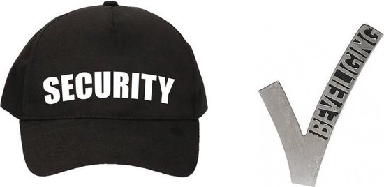 Foto: Zwarte security verkleed pet cap met metalen beveiligings embleem speldje voor kinderen verkleedkleding carnaval outfit