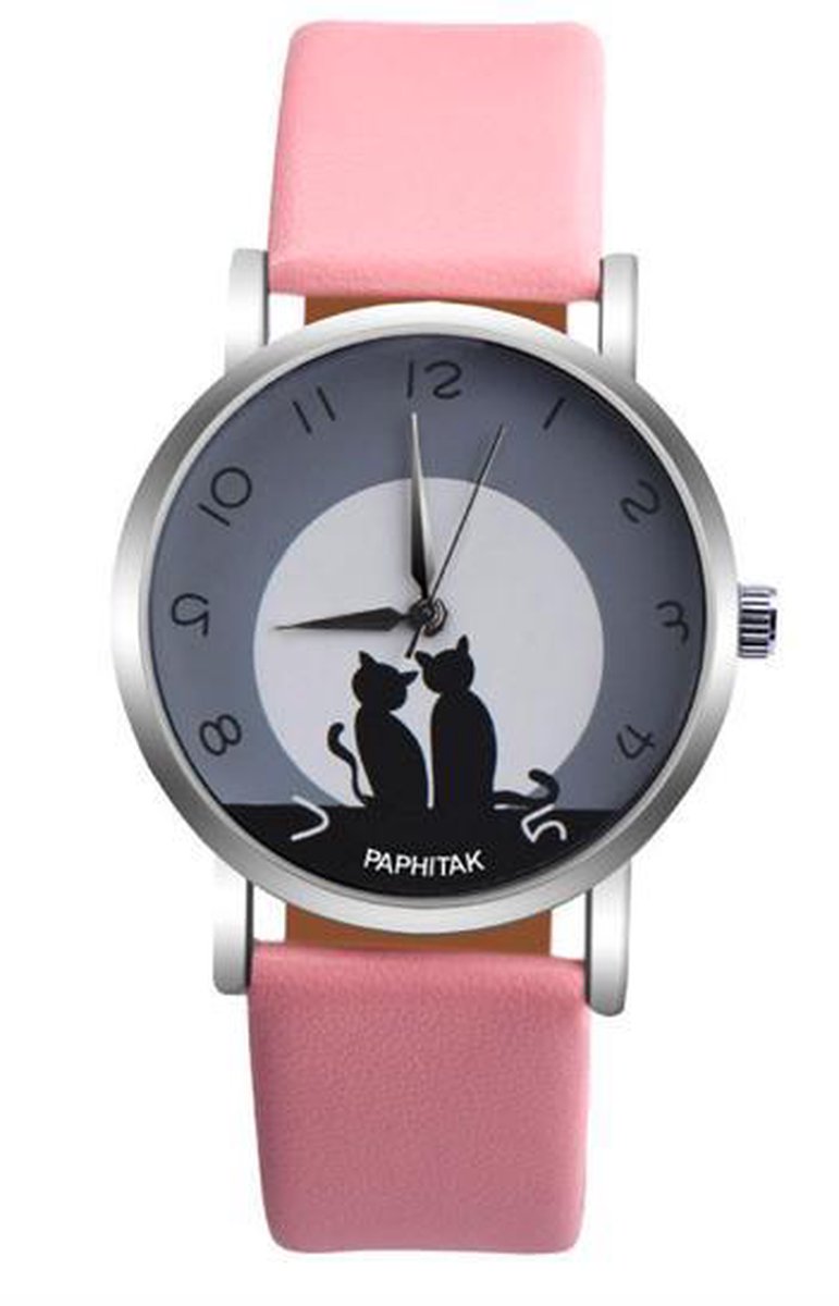 Hidzo Horloge Paphitak Katten - ø 37 mm - Roze - Kunstleer - In Horlogedoosje