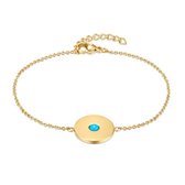 Twice As Nice Armband in goudkleurig edelstaal, cirkel met turquoise natuursteen.  15 cm+3 cm
