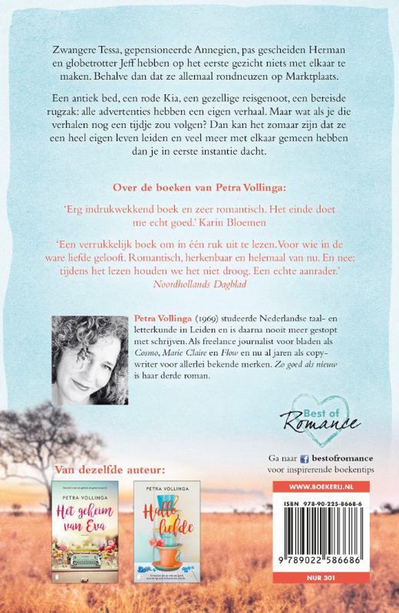 Boekrug van Petra Vollinga met foto van auteur links en titels van andere boeken onderaan.