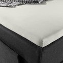 Detail van de hoek van een donkergrijs bed met een crème splittopper hoeslaken.