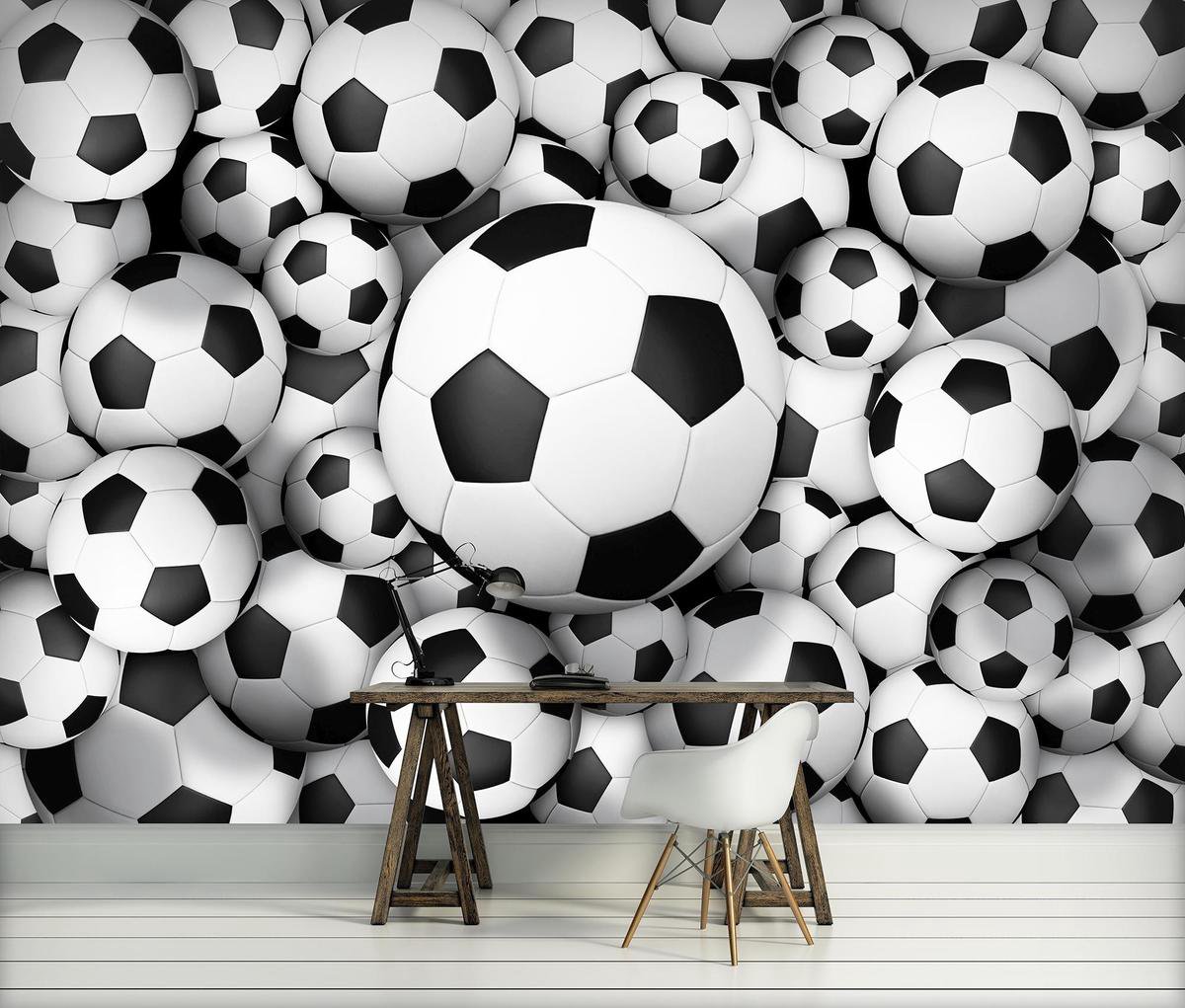 Fotobehangkoning - Fotobehang - Vliesbehang Voetballen - 3D Ballen - Behang - 104 x 70,5 cm op Prijzenvolger.com