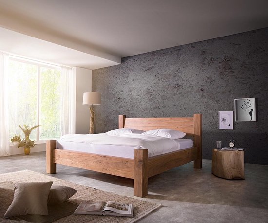 Houten bed Blokk natuur acacia 180x200 cm hoofdbord lattenbodem massief houten bed