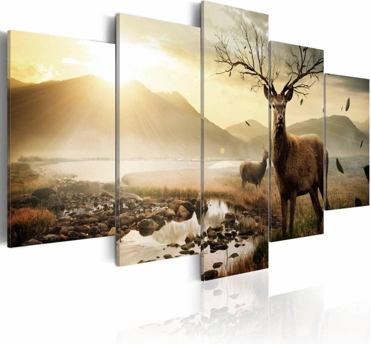 Schilderij - Hert op de Toendra, wanddecoratie, print op canvas, 5luik