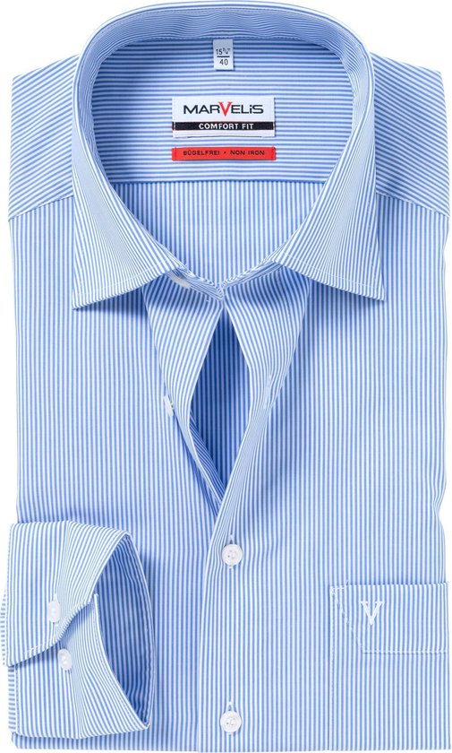 MARVELIS comfort fit overhemd - blauw met wit gestreept - Strijkvrij - Boordmaat: 43