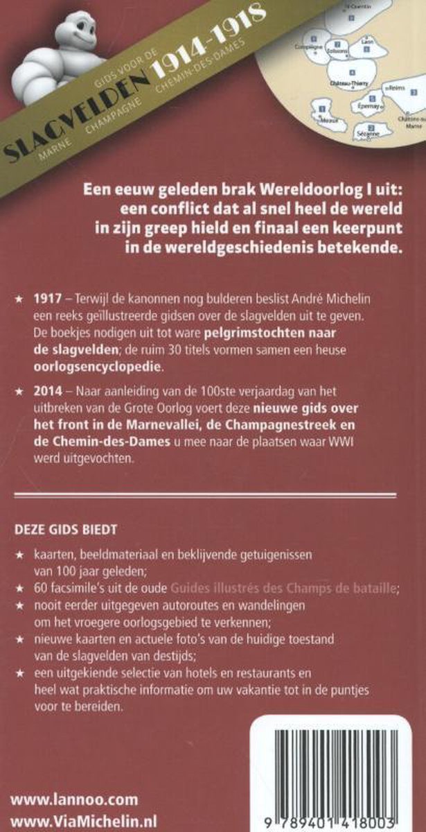 Achterkant boek 'Gids voor de Slagvelden 1914-1918' met kaart van de Marne, Champagne en Chemin-des-Dames, en tekst over de gids.