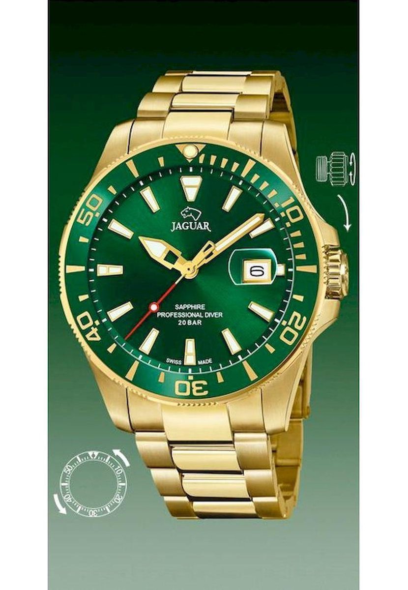 Jaguar Executive Diver Horloge - Jaguar heren horloge - Groen - diameter 43.5 mm - goud gecoat roestvrij staal