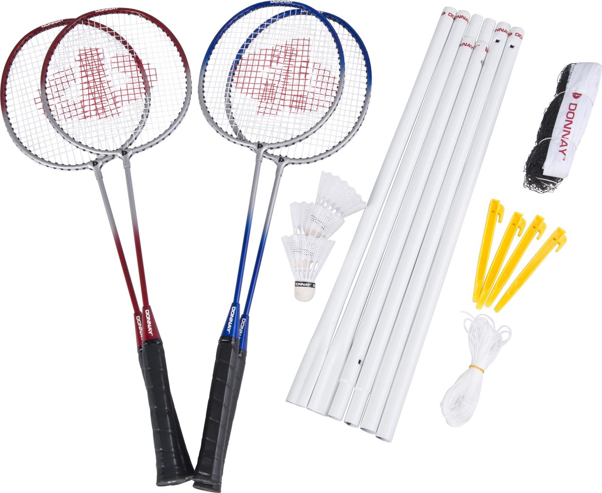 Donnay Badmintonset: Badmintonnet- 4 Badmintonrackets – 3 Badmintonshuttles – met Draagtas