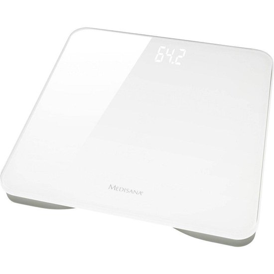 Witte Medisana personenweegschaal met een glanzend oppervlak en een digitaal display waarop 64.2.