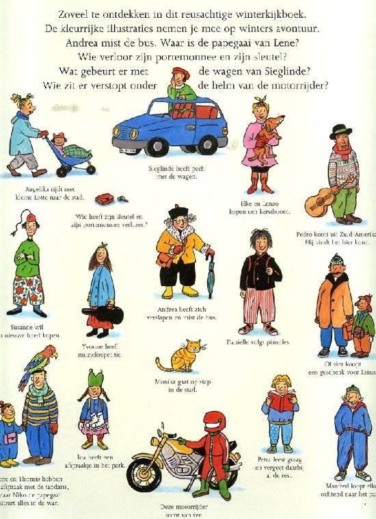 Illustraties uit 'Wat een winter!', met een auto, motor en diverse personages.