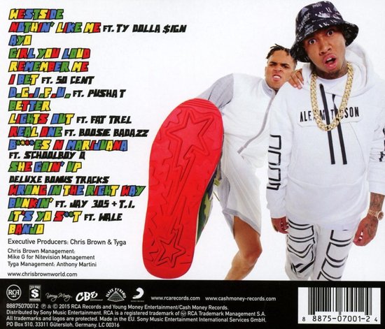 Achterkant albumhoes met twee mannen, één met bandana en ketting, de ander in trainingspak. Tracklist en logo's zichtbaar.