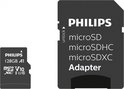 Philips microSD-kaart en adapter. De kaart is 128 GB A1. De adapter heeft de tekst 'unlock' en 'microSD microSDHC microSDXC Adapter'.