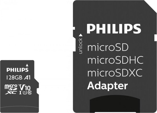 Philips microSD-kaart en adapter. De kaart is 128 GB A1. De adapter heeft de tekst 'unlock' en 'microSD microSDHC microSDXC Adapter'.