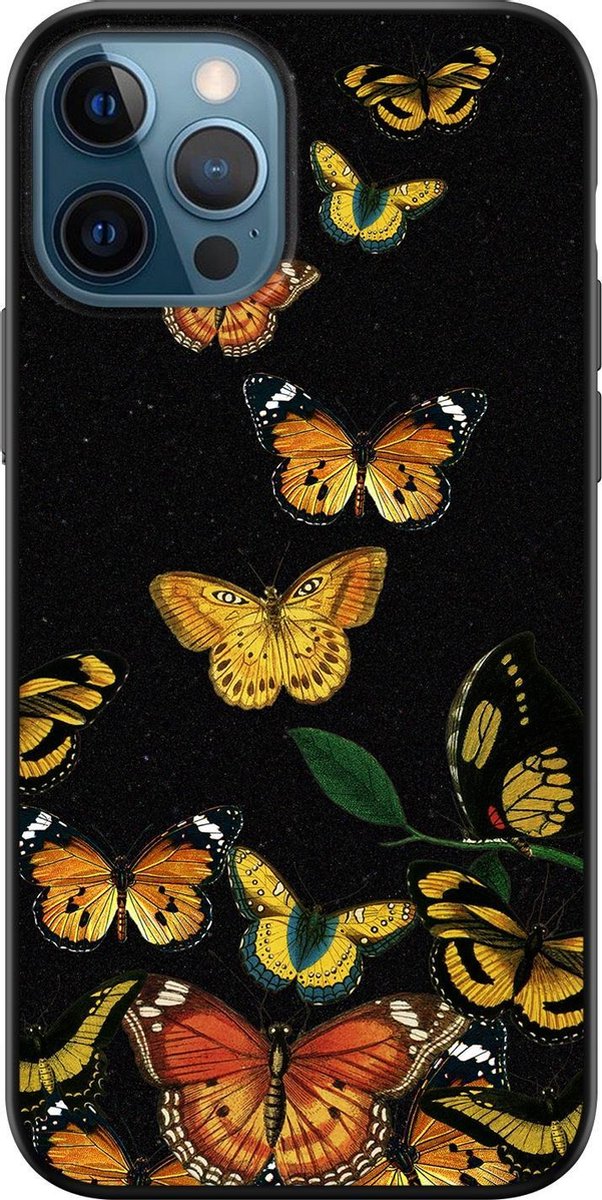 iPhone 12 hoesje siliconen zwart - Vlinders - Siliconen TPU case zwart - Print / Illustratie - Transparant, Geel