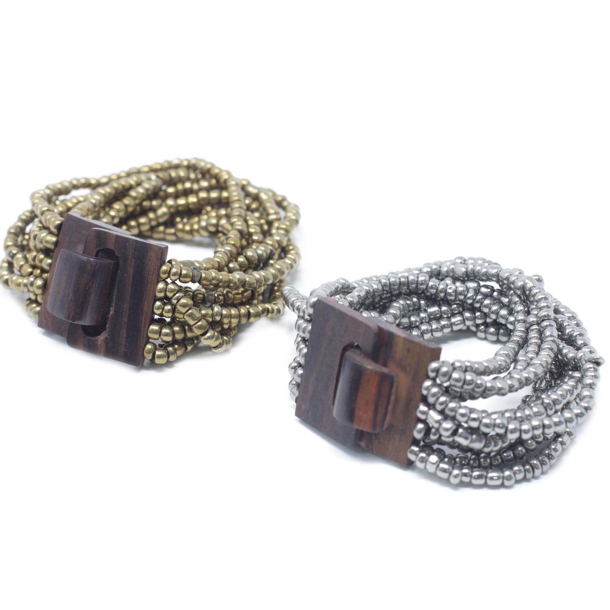 6 x Multi-Bead Bangle Houten Sluiting - Asst Goud/Brons