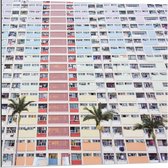Dibond - Kleurrijk Appartementencomplex met Palmbomen - 80x80cm Foto op Aluminium (Wanddecoratie van metaal)