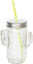 Clayre & Eef Drinkbeker met rietje 350 ml Transparant Glas Rond Cactus Waterglas Drinkglas
