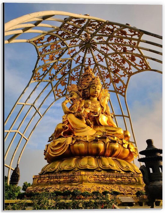 Dibond - Groot Goud Boeddha Standbeeld - 30x40cm Foto op Aluminium (Wanddecoratie van metaal)