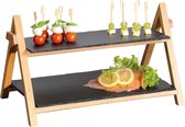 Etagere 2 Laags - Leisteen & Bamboe hout - Hoge kwaliteit -Rechthoekig Etagere - Houten hapjesschaal 2 lagen - tafel serveerschaal