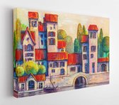 Onlinecanvas - Schilderij - Colorful Town Near The Sea. Oil Painting Cityscape. Art Horizontal Horizontal - Multicolor - 30 X 40 Cm