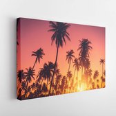 Summer vacation and nature travel adventure concept. Tropical palm tree on sunset sky and clouds abstract background. Vintage tone filter effect color style. - Modern Art Canvas -